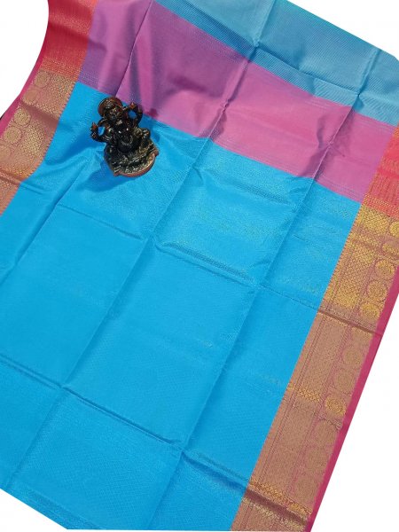 Blue, Pink and Red kora silk saree with kuppatam border